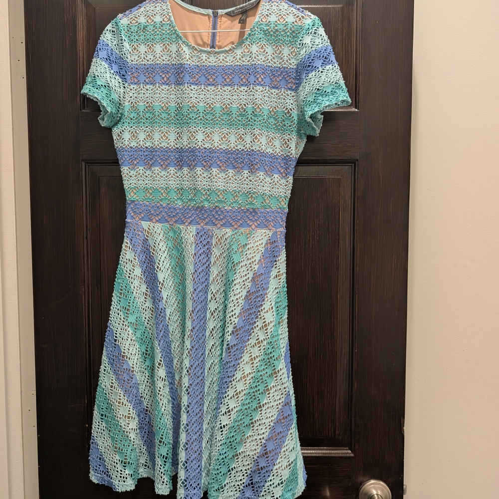 BCBGMaxAzria Green and Purple Fit and Flare Mini Dress